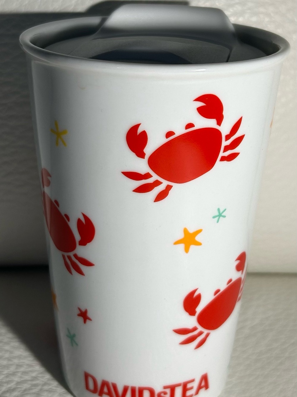 DavidsTea White Travel Mug with Red Crab Design